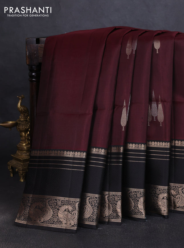 Pure soft silk saree coffee brown and black with zari woven buttas and long thread & zari woven border