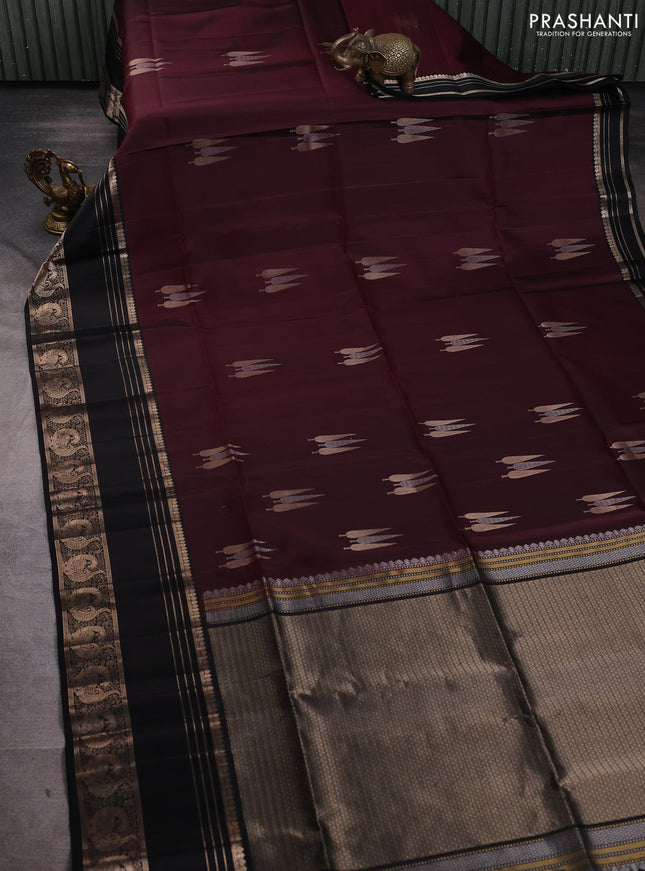 Pure soft silk saree coffee brown and black with zari woven buttas and long thread & zari woven border