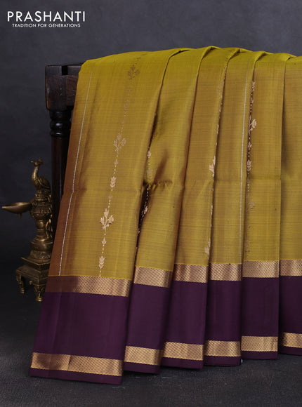 Pure soft silk saree mustard green and wine shade with allover zari weaves and rettapet zari woven border
