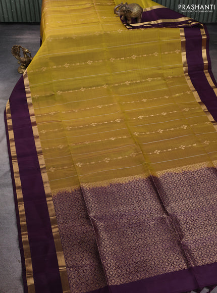 Pure soft silk saree mustard green and wine shade with allover zari weaves and rettapet zari woven border
