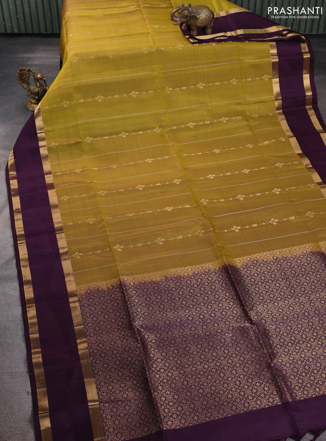 Pure soft silk saree mustard green and wine shade with allover zari weaves and rettapet zari woven border