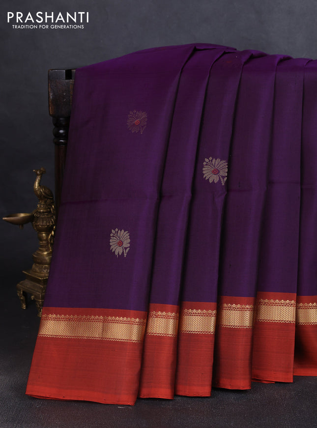 Pure soft silk saree purple and rustic orange with zari woven buttas and rettapet zari woven border