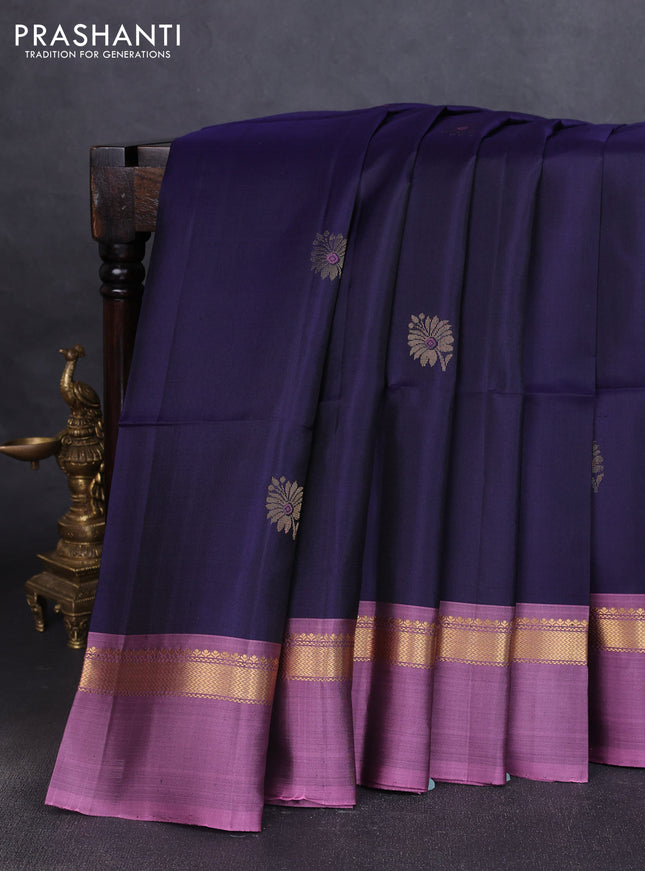 Pure soft silk saree navy blue and pastel pink with zari woven buttas and rettapet zari woven border