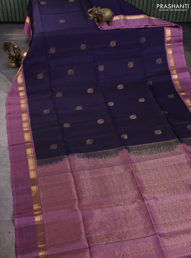 Pure soft silk saree navy blue and pastel pink with zari woven buttas and rettapet zari woven border