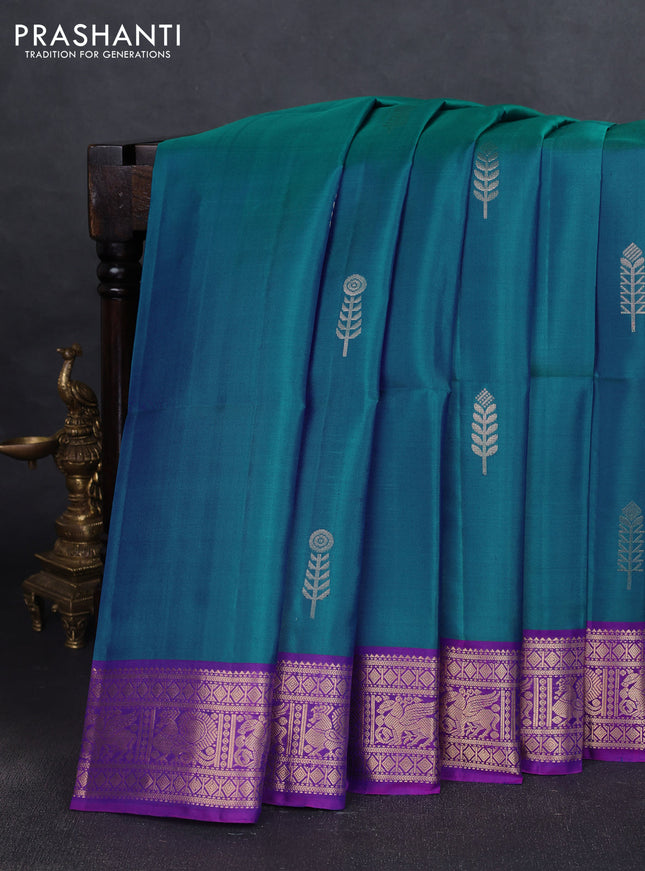 Pure soft silk saree dual shade of bluish green and purple with zari woven buttas and zari woven border