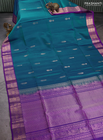 Pure soft silk saree dual shade of bluish green and purple with zari woven buttas and zari woven border
