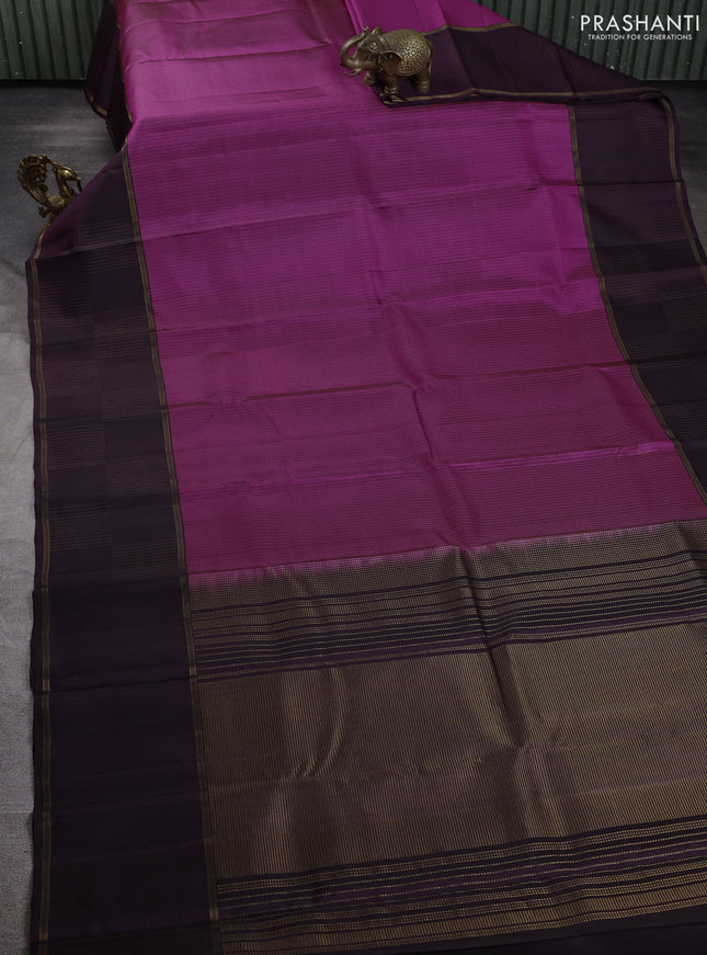 Pure soft silk saree magenta pink and wine shade with allover zari stripe pattern and long zari woven border