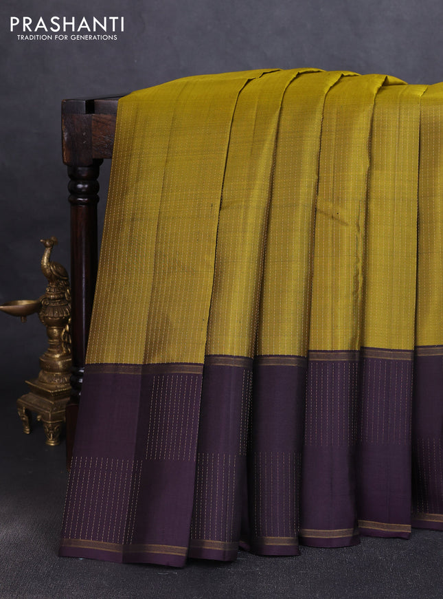 Pure soft silk saree mustard green and wine shade with allover zari stripe pattern and long zari woven border