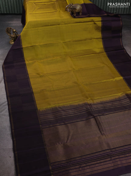 Pure soft silk saree mustard green and wine shade with allover zari stripe pattern and long zari woven border