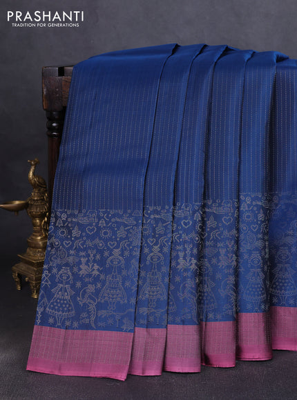 Pure soft silk saree peacock blue and mauve pink with allover silver zari stripe pattern and long silver zari woven border