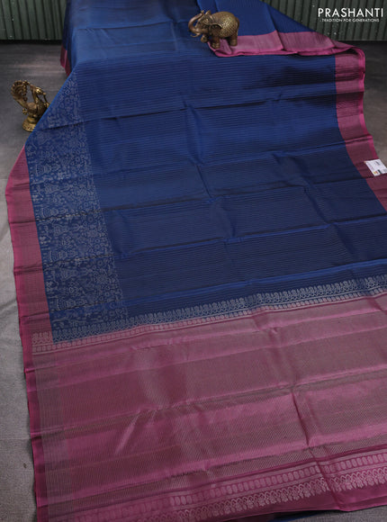 Pure soft silk saree peacock blue and mauve pink with allover silver zari stripe pattern and long silver zari woven border