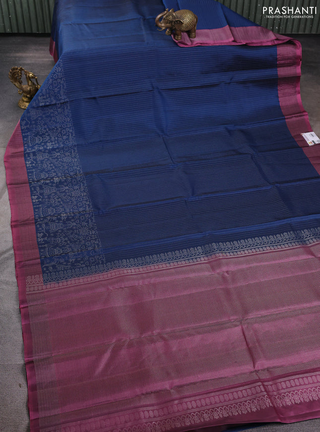 Pure soft silk saree peacock blue and mauve pink with allover silver zari stripe pattern and long silver zari woven border