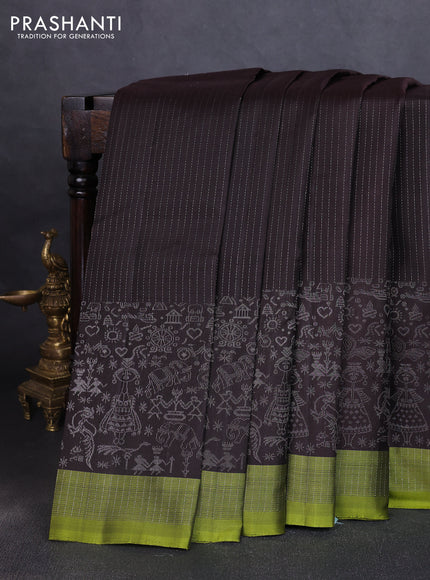 Pure soft silk saree coffee brown and light green with allover silver zari stripe pattern and long silver zari woven border