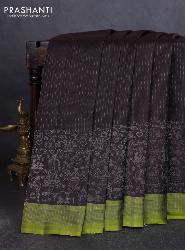 Pure soft silk saree coffee brown and light green with allover silver zari stripe pattern and long silver zari woven border