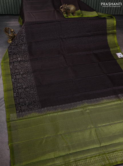Pure soft silk saree coffee brown and light green with allover silver zari stripe pattern and long silver zari woven border
