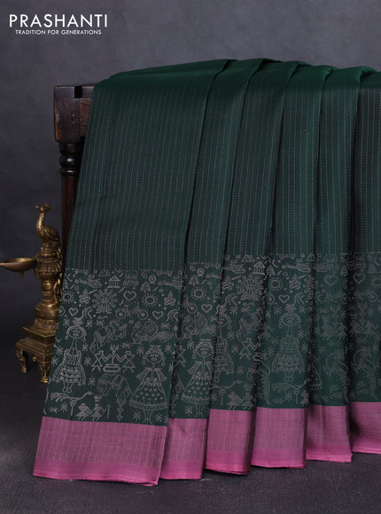 Pure soft silk saree bottle green and mauve pink with allover silver zari stripe pattern and long silver zari woven border