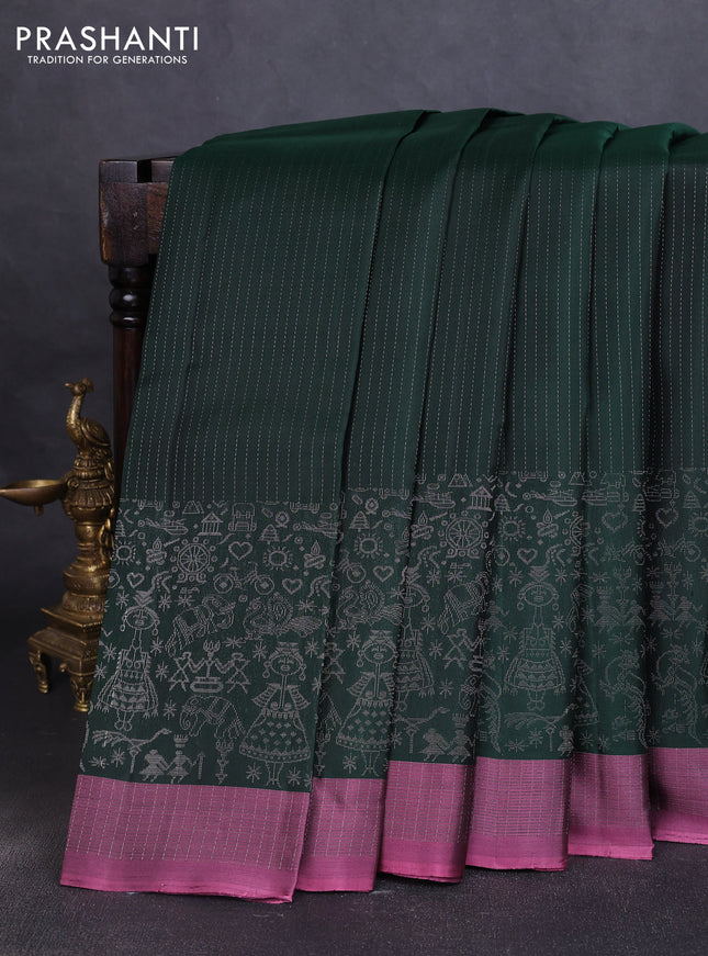 Pure soft silk saree bottle green and mauve pink with allover silver zari stripe pattern and long silver zari woven border