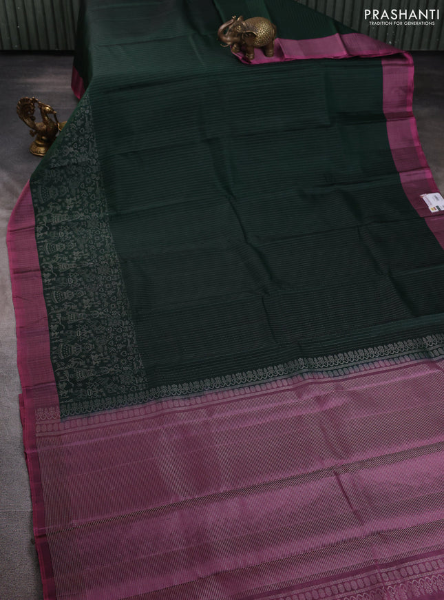 Pure soft silk saree bottle green and mauve pink with allover silver zari stripe pattern and long silver zari woven border