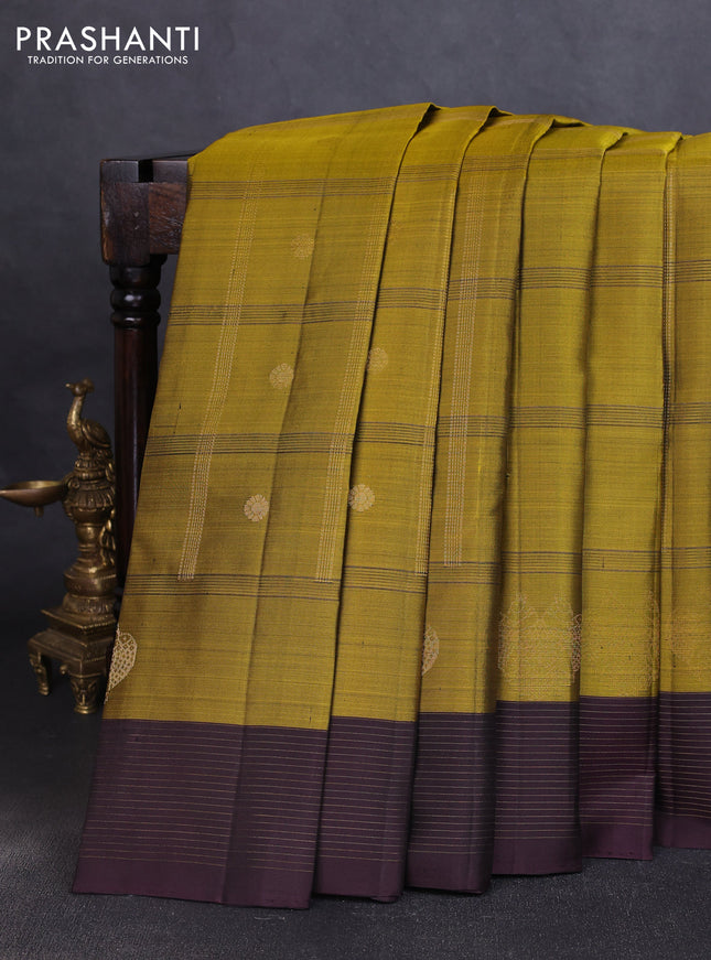 Pure soft silk saree mustard green and wine shade with allover zari checks & buttas and zari woven border