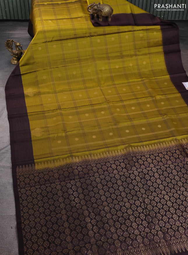 Pure soft silk saree mustard green and wine shade with allover zari checks & buttas and zari woven border