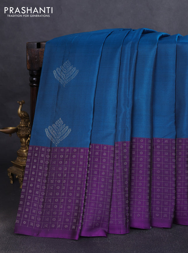 Pure soft silk saree cs blue and violet with silver zari woven buttas and long silver zari woven checked border