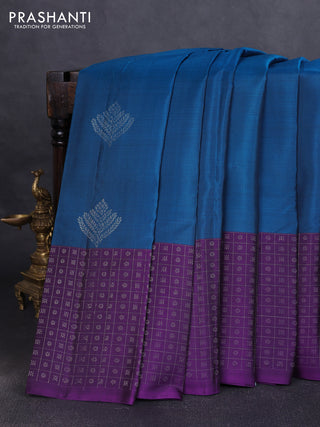 Pure soft silk saree cs blue and violet with silver zari woven buttas and long silver zari woven checked border