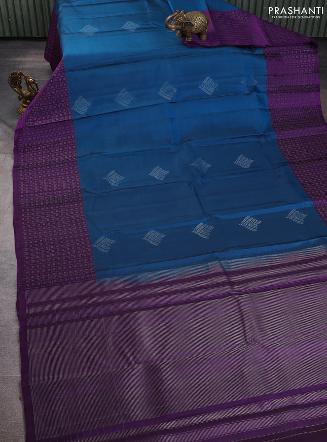 Pure soft silk saree cs blue and violet with silver zari woven buttas and long silver zari woven checked border