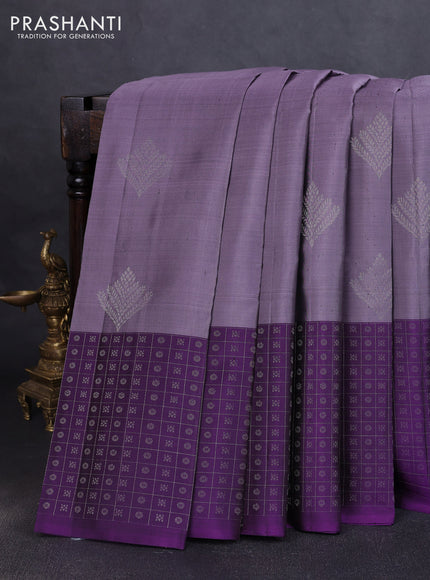 Pure soft silk saree pastel violet and violet with silver zari woven buttas and long silver zari woven checked border