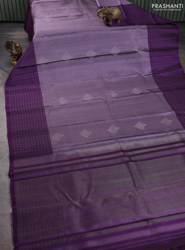 Pure soft silk saree pastel violet and violet with silver zari woven buttas and long silver zari woven checked border