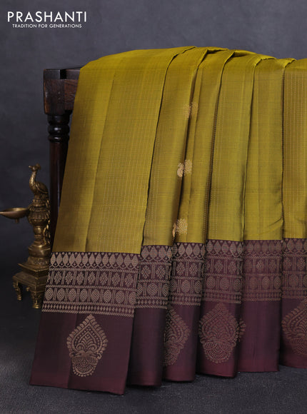 Pure soft silk saree mehendi green and coffee brown with allover checks & zari buttas in borderless style