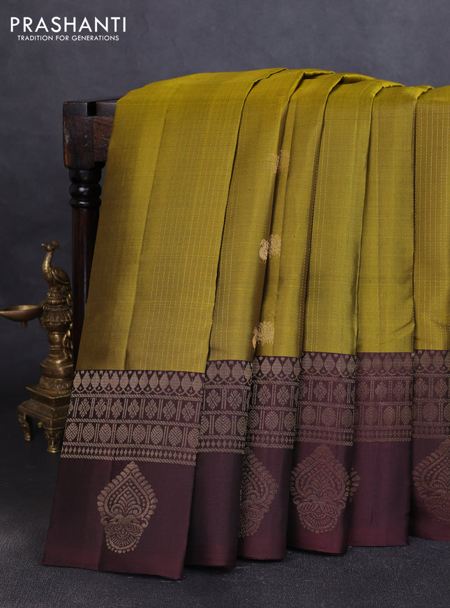 Pure soft silk saree mehendi green and coffee brown with allover checks & zari buttas in borderless style