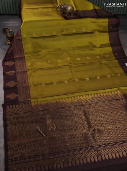 Pure soft silk saree mehendi green and coffee brown with allover checks & zari buttas in borderless style