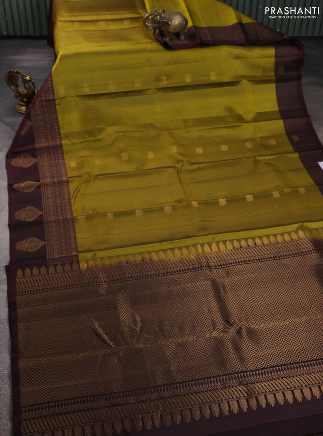 Pure soft silk saree mehendi green and coffee brown with allover checks & zari buttas in borderless style