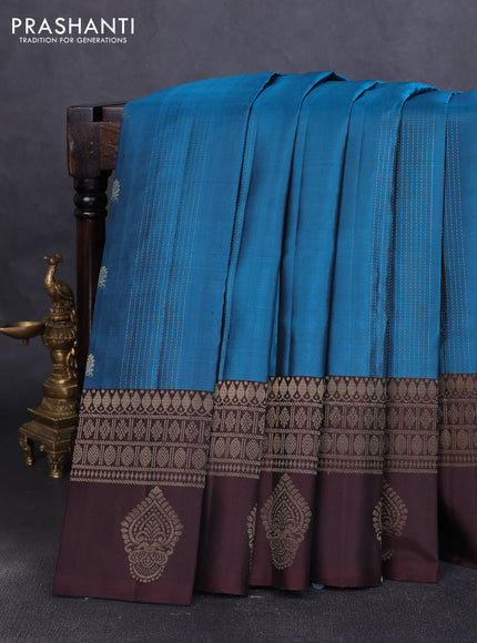 Pure soft silk saree peacock blue and coffee brown with allover checks & zari buttas in borderless style
