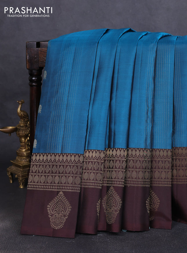 Pure soft silk saree peacock blue and coffee brown with allover checks & zari buttas in borderless style