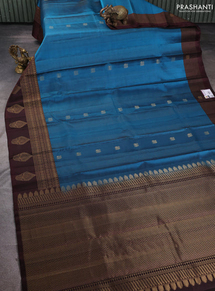 Pure soft silk saree peacock blue and coffee brown with allover checks & zari buttas in borderless style