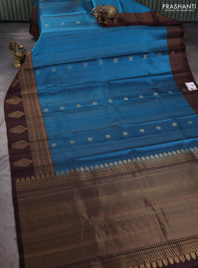 Pure soft silk saree peacock blue and coffee brown with allover checks & zari buttas in borderless style