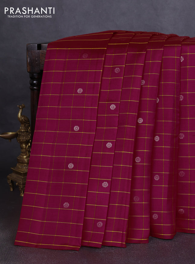 Pure soft silk saree pink and yellow with allover checks & zari buttas in borderless style