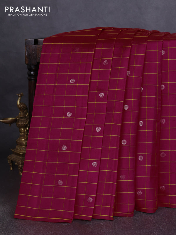Pure soft silk saree pink and yellow with allover checks & zari buttas in borderless style