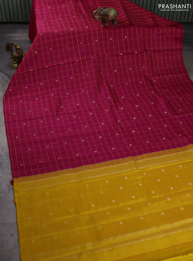 Pure soft silk saree pink and yellow with allover checks & zari buttas in borderless style