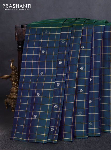 Pure soft silk saree dual shade of bluish green and yellow with allover checks & zari buttas in borderless style
