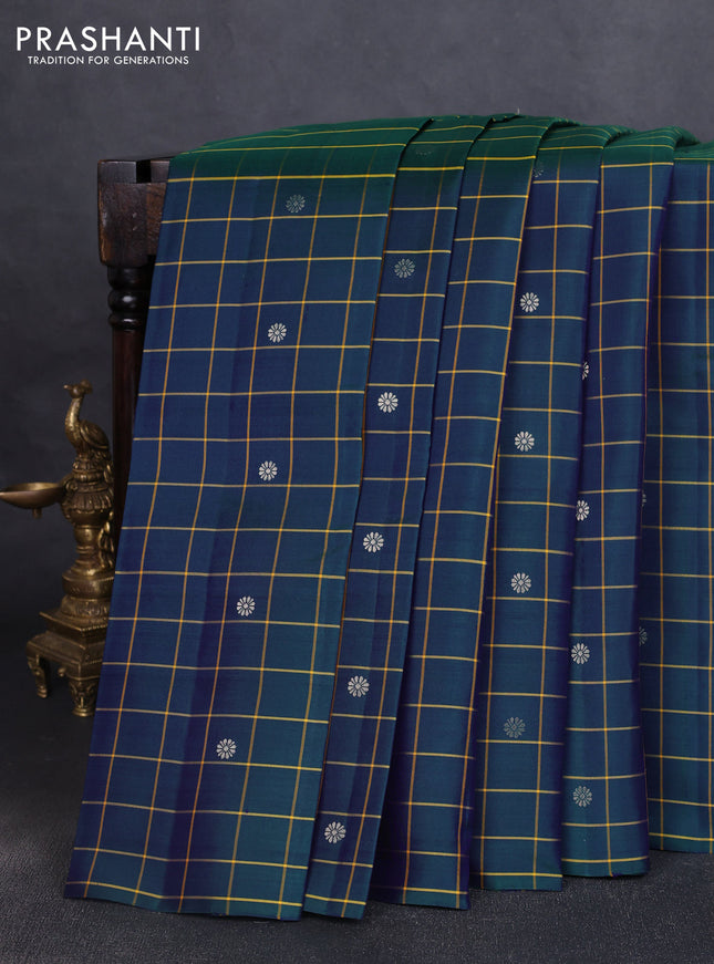 Pure soft silk saree dual shade of bluish green and yellow with allover checks & zari buttas in borderless style