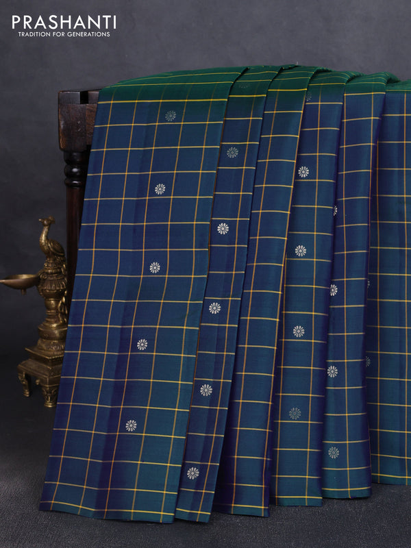 Pure soft silk saree dual shade of bluish green and yellow with allover checks & zari buttas in borderless style