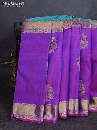 Pure kanchipuram silk saree dual shade of teal blue and purple with half & half style and zari woven border