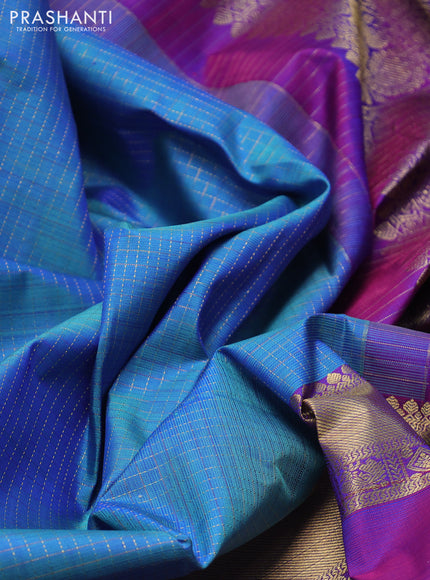 Pure kanchipuram silk saree dual shade of teal blue and purple with half & half style and zari woven border