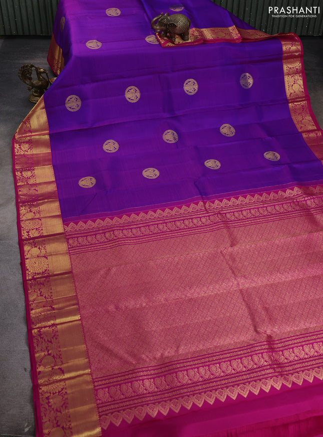 Pure kanchipuram silk saree royal blue and pink with zari woven buttas an drich zari woven border