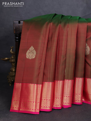 Pure kanchipuram silk saree manthulir green and pink with zari woven buttas and zari woven border