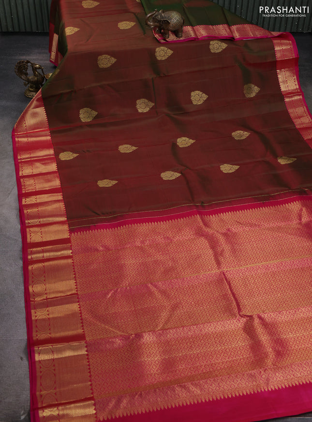 Pure kanchipuram silk saree manthulir green and pink with zari woven buttas and zari woven border