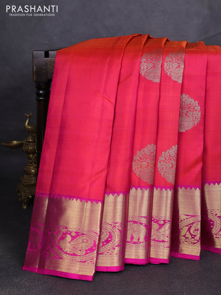 Pure kanchipuram silk saree dual shade of pinkish orange and pink with zari woven buttas and rich zari woven border
