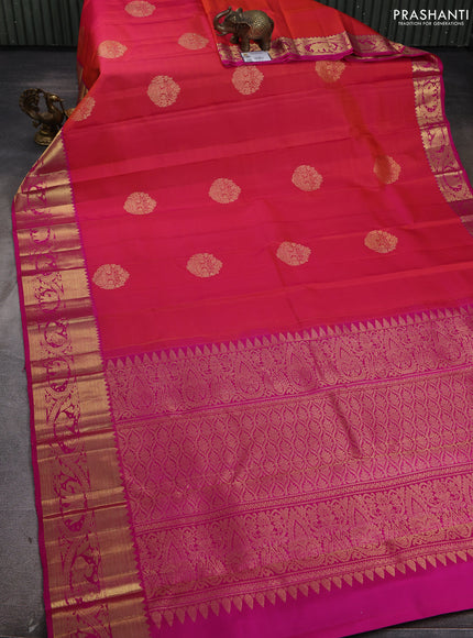 Pure kanchipuram silk saree dual shade of pinkish orange and pink with zari woven buttas and rich zari woven border